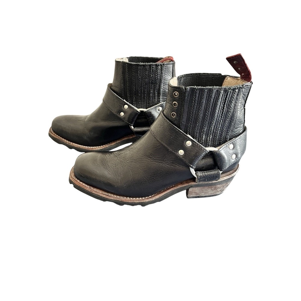 Freebird Whiskey Square Toe Black Ankle Leather Boots Size 8 Distressed Buckle - Picture 4 of 9